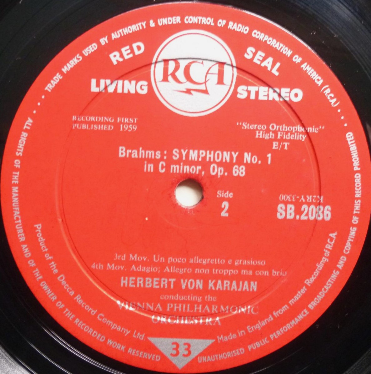 Herbert Von Karajan Brahms Symphony No 1 LP RCA SB2086 VG/VG 1959 sleeve has small piece missing top right corner on front and there is handwritten X on rear of sleeve - Image 4