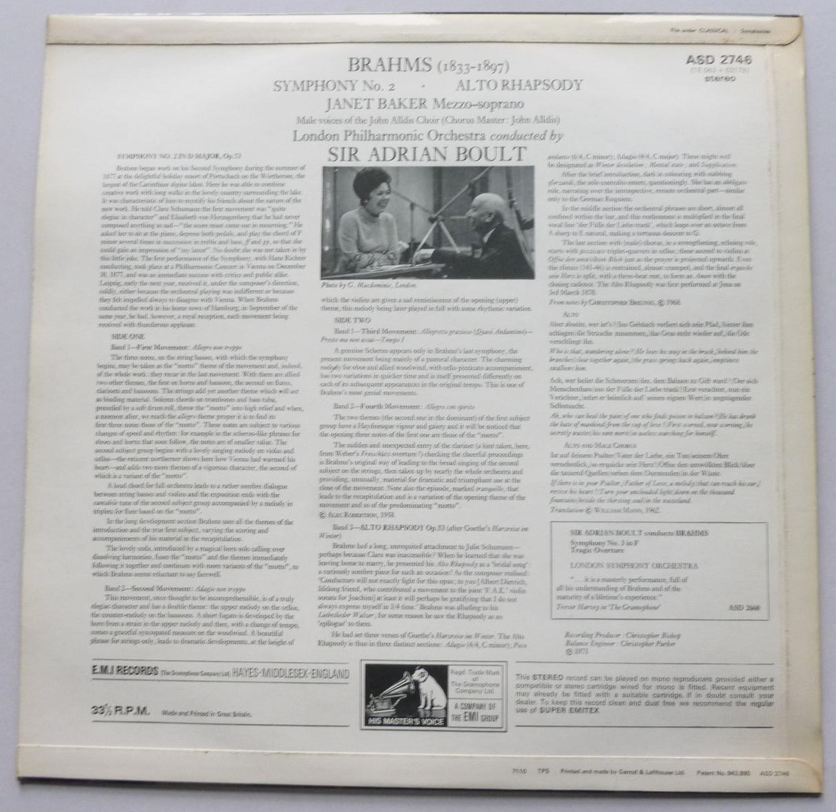 Adrian Boult Brahms Symphony No 2 LP HMV ASD2746 EX/EX 1971 coloured postage stamp label, with Janet Baker, sleeve has small writing on rear - Image 2