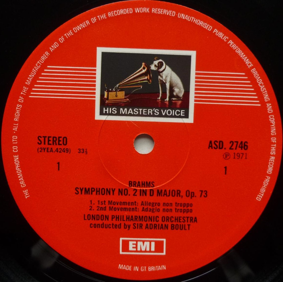 Adrian Boult Brahms Symphony No 2 LP HMV ASD2746 EX/EX 1971 coloured postage stamp label, with Janet Baker, sleeve has small writing on rear - Image 3