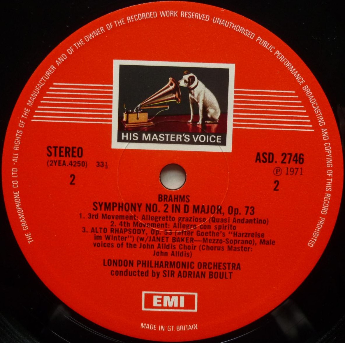 Adrian Boult Brahms Symphony No 2 LP HMV ASD2746 EX/EX 1971 coloured postage stamp label, with Janet Baker, sleeve has small writing on rear - Image 4