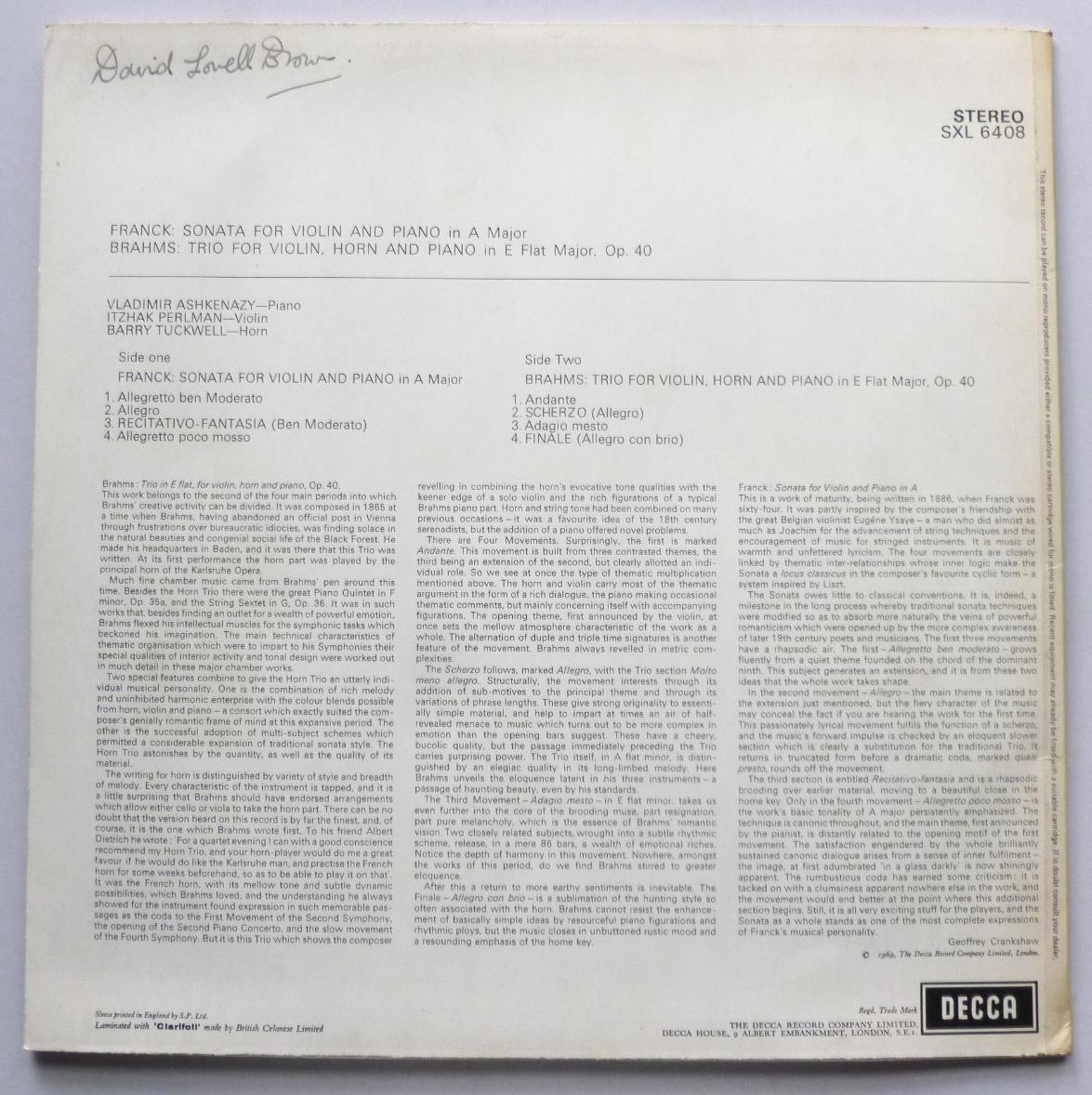 Vladimir Ashkenazy Franck - WB LP Decca SXL6408 EX+/EX 1969 wide band - there is handwritten name on rear of sleeve - Image 2