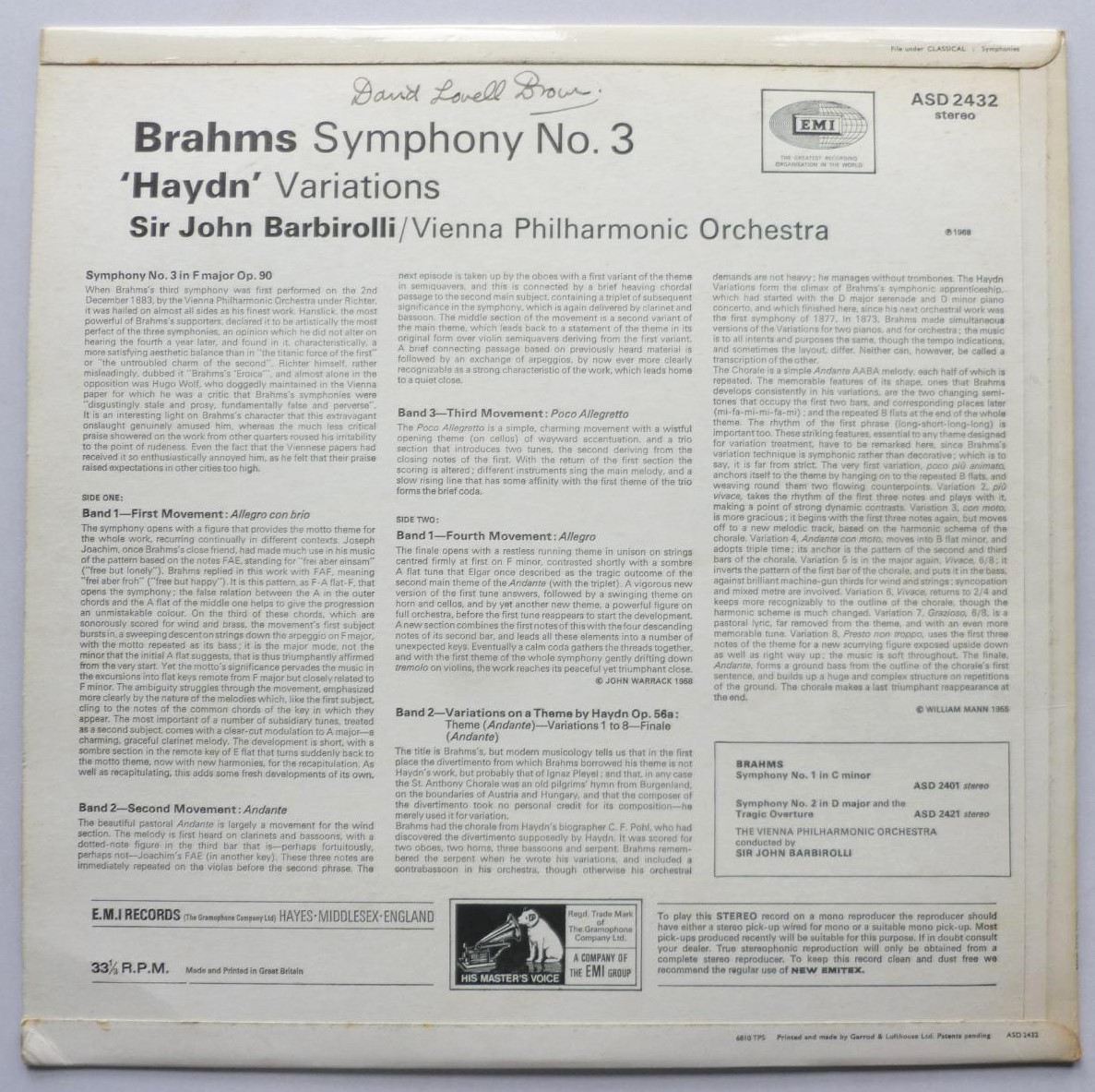 John Barbirolli Brahms Symphony No 3 LP HMV ASD2432 EX/EX 1968 red semi circle labels - there is handwritten name on rear of sleeve - Image 2