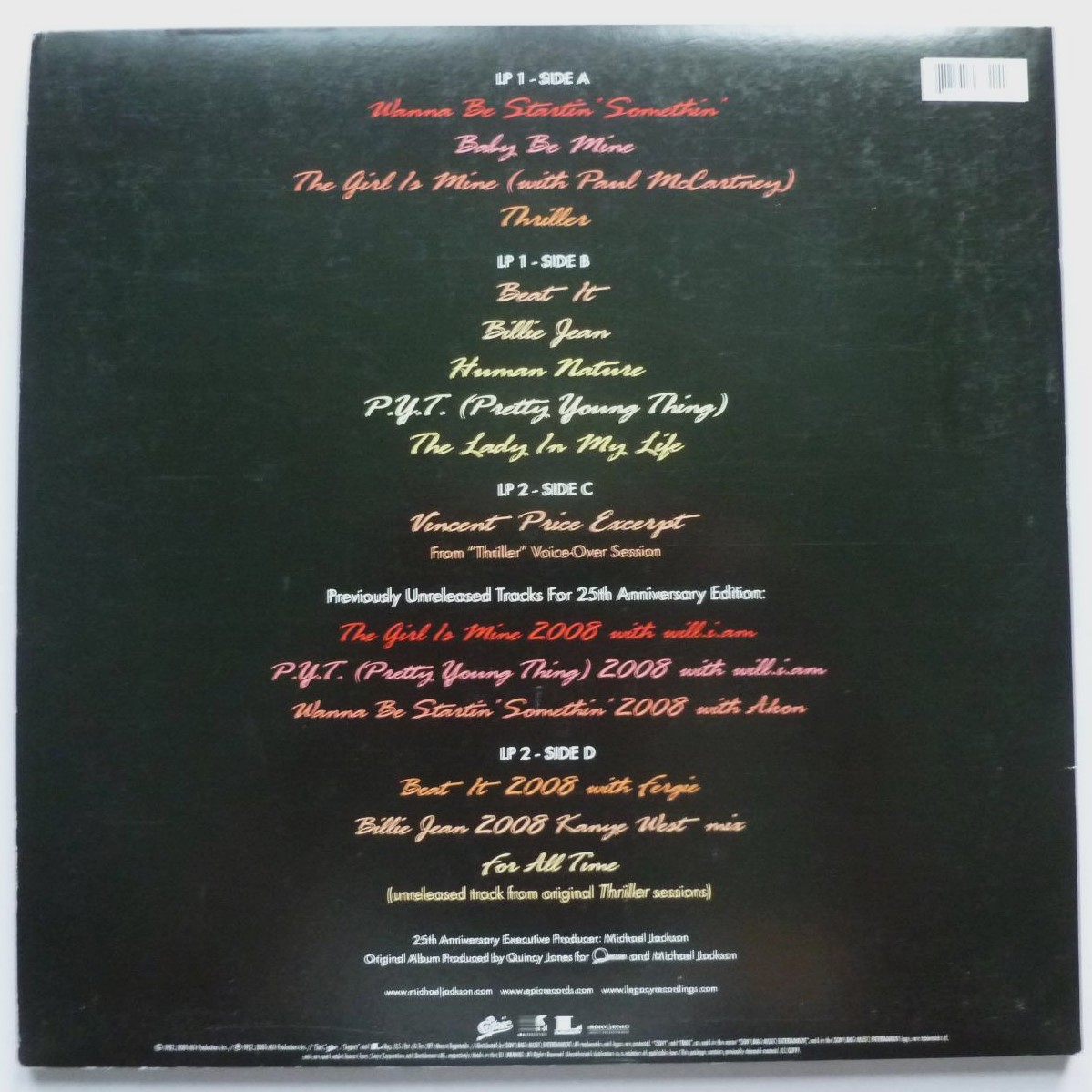 Michael Jackson Thriller 25th Anniversary Edition 2LP Epic 88697233441 EX/EX- 2008 double LP with inners - vinyl is near mint - sleeve has some colour loss on spine - Image 3